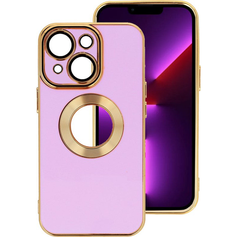 Back Cover Hoes - Geschikt Voor Apple iPhone 14 - Achterkant Hoesje met Zichtbaar Logo - Zachte Siliconen Hoes - Volledige Cameralens Bescherming - Telefoonhoesje - Flexibel - Unisex - Goudkleurig / Paars