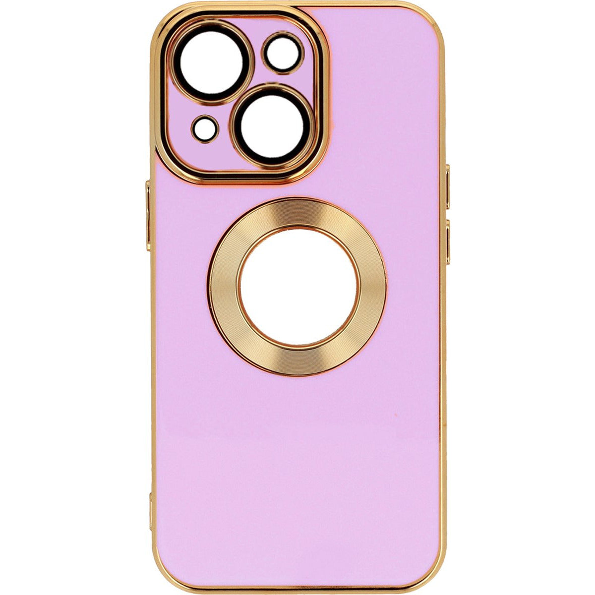 Back Cover Hoes - Geschikt Voor Apple iPhone 14 - Achterkant Hoesje met Zichtbaar Logo - Zachte Siliconen Hoes - Volledige Cameralens Bescherming - Telefoonhoesje - Flexibel - Unisex - Goudkleurig / Paars