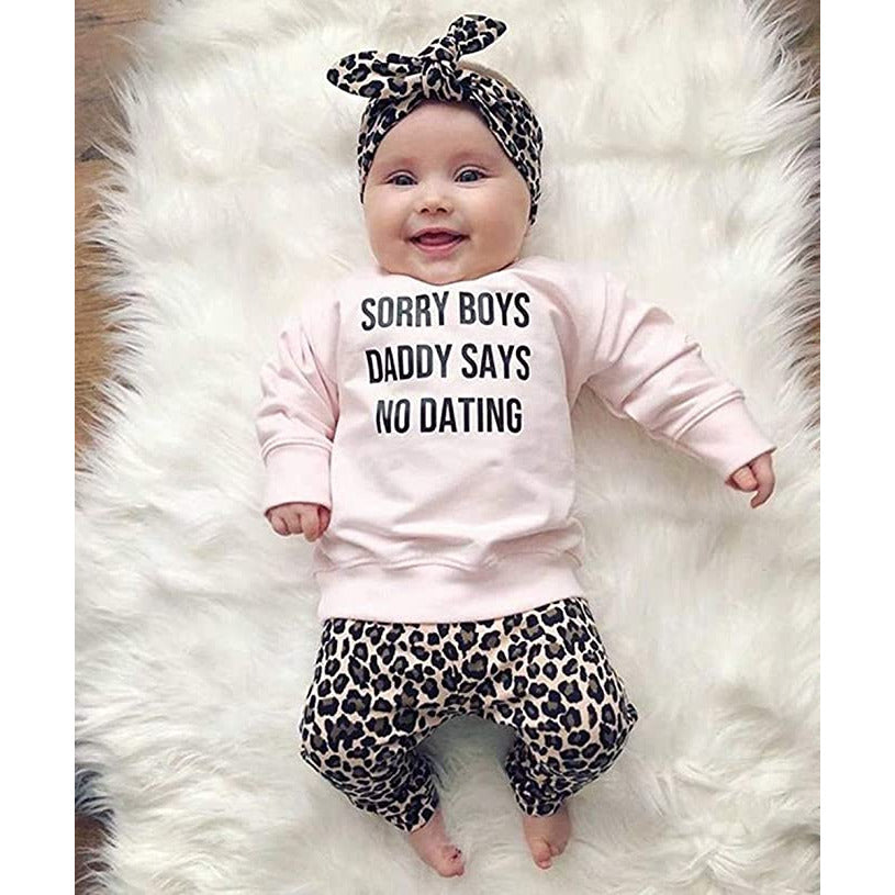 Kinderpakje Meisjes Set “Sorry Boys Daddy Says No Dating” - Sweatshirt - Luipaard Legging - Top En Broek - Outfit - Met Hoofdband