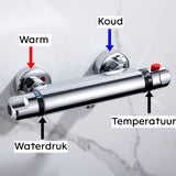 Thermostatische Douchekraan - Chroom - Mengkraan met Temperatuur- & Waterstroomregeling - 38°C Veiligheidsknop - Inclusief Houder - Zilver