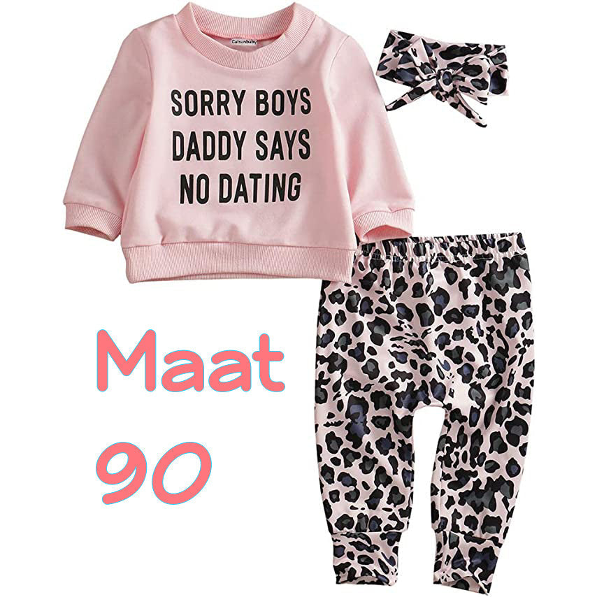 Kinderpakje Meisjes Set “Sorry Boys Daddy Says No Dating” - Sweatshirt - Luipaard Legging - Top En Broek - Outfit - Met Hoofdband