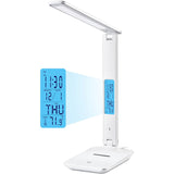 Smart LED Bureaulamp Met LCD Scherm - Natuurlijk Wit Tot Warm Wit Licht - Oog Beschermend - 3 Kleur Modus - 3 Helderheid niveau's - Ingebouwde Nood Accu - Verstelbaar - USB Stekker - Mobiel Houder - Wit