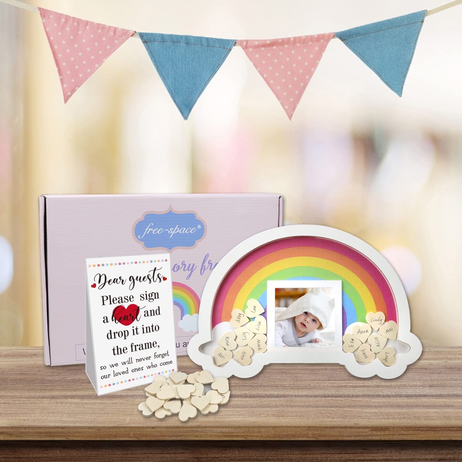 Regenboog Baby Frame Gastenboek - Met Schrijfbare Houten Hartjes- Houten Fotolijst - 30x20 cm - 30 Houten Hartjes - Babyshower & Verjaardagscadeau - Nieuwe Ouders - Eenvoudig in Gebruik - Duurzaam & Veilig