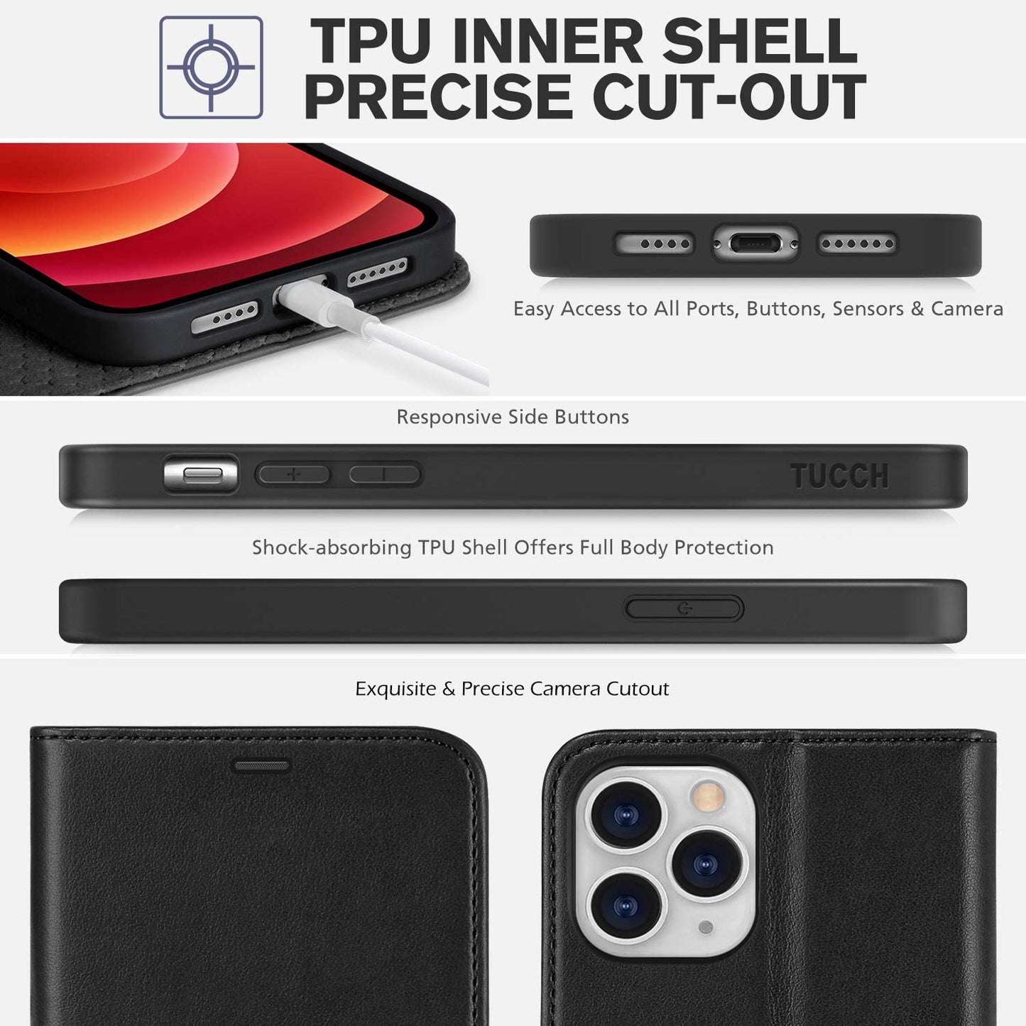 TUCCH - iPhone 12 Pro Max Hoesje 6.7 Inch – Leren Flip Cover Met Kaarthouders – Portemonnee Hoes Met Magneetsluiting &amp; Standaardfunctie – RFID Blokkering – Schokbestendige Bookcase – Volledige Bescherming – Niet Compatibel Met Andere Modellen