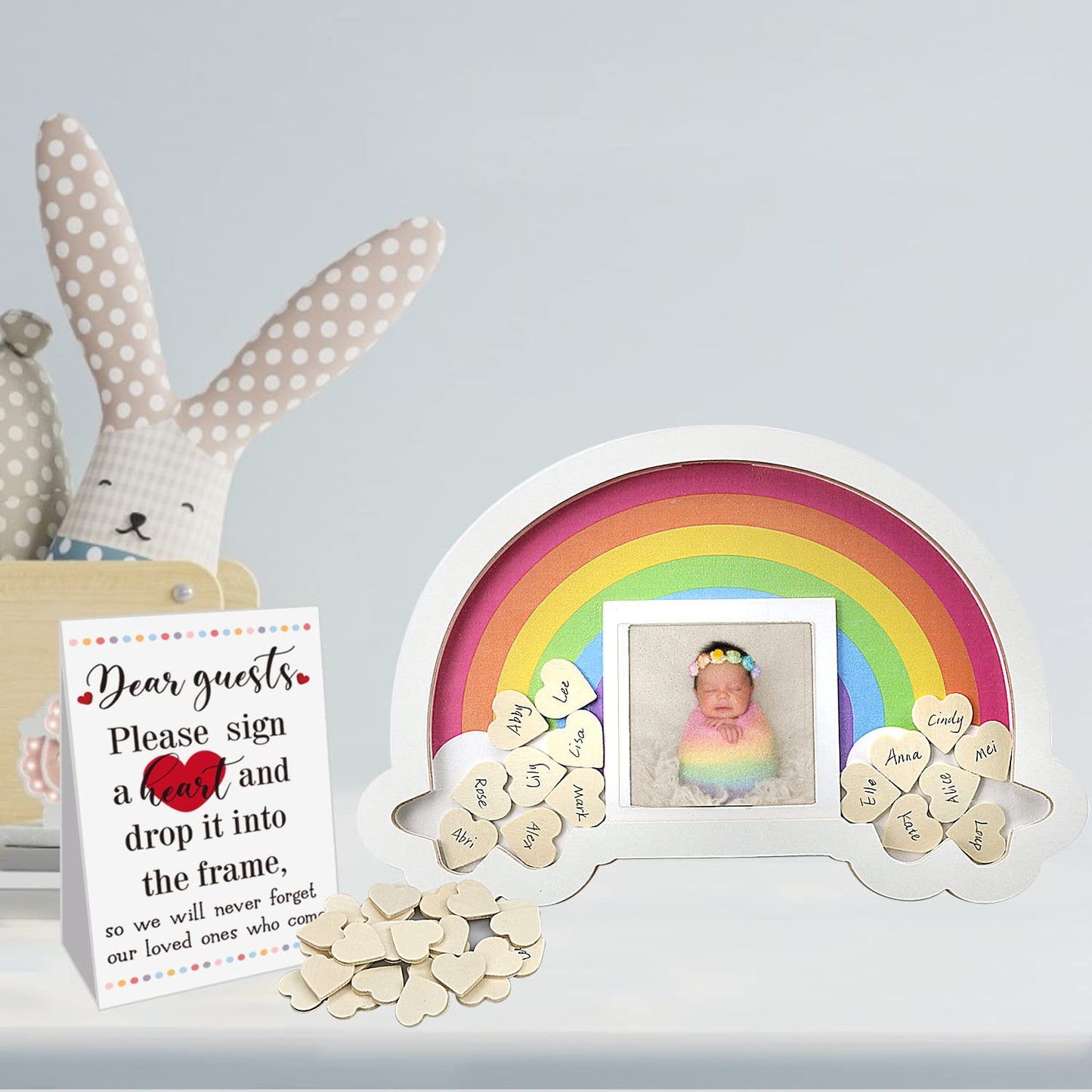 Regenboog Baby Frame Gastenboek - Met Schrijfbare Houten Hartjes- Houten Fotolijst - 30x20 cm - 30 Houten Hartjes - Babyshower & Verjaardagscadeau - Nieuwe Ouders - Eenvoudig in Gebruik - Duurzaam & Veilig