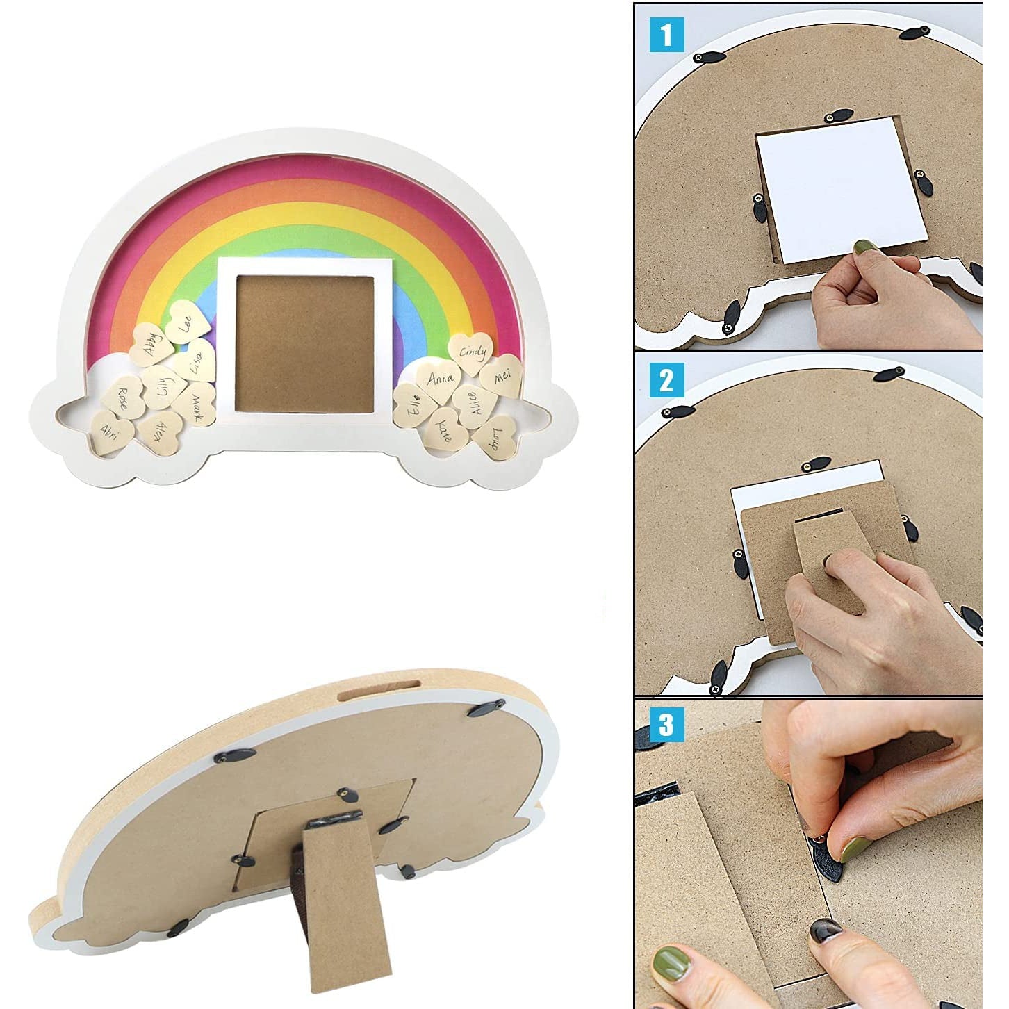 Regenboog Baby Frame Gastenboek - Met Schrijfbare Houten Hartjes- Houten Fotolijst - 30x20 cm - 30 Houten Hartjes - Babyshower & Verjaardagscadeau - Nieuwe Ouders - Eenvoudig in Gebruik - Duurzaam & Veilig