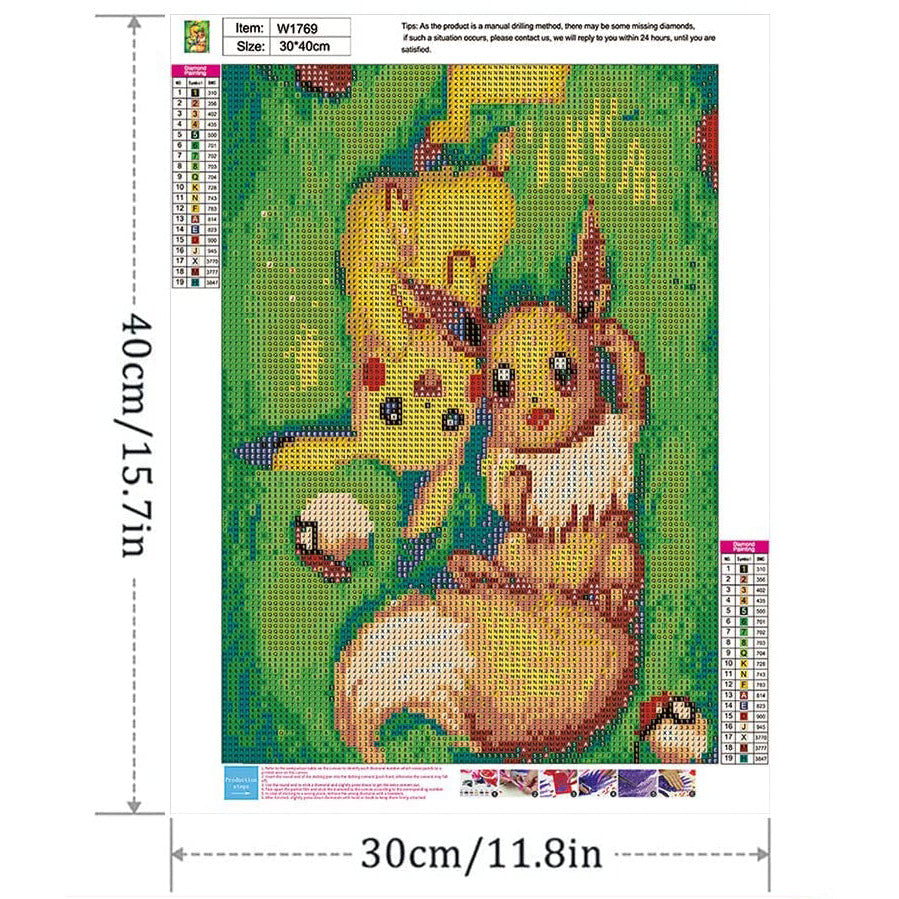 DIY - 5D Diamantschilderij Kit - Pikachu & Eevee - 30x40cm - Inclusief Gereedschap En Diamanten - Ronde Diamant Painting Kunstwerk - HD Canvas - Perfect voor Thuisdecoratie