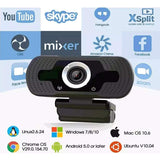 Rocketshop Webcam met Microfoon - 1080P HD Streaming Webcam - Plug and Play - Groothoek USB Camera - Compatibel met PC, Laptop, Desktop, Mac, Skype, YouTube, Zoom & Facetime