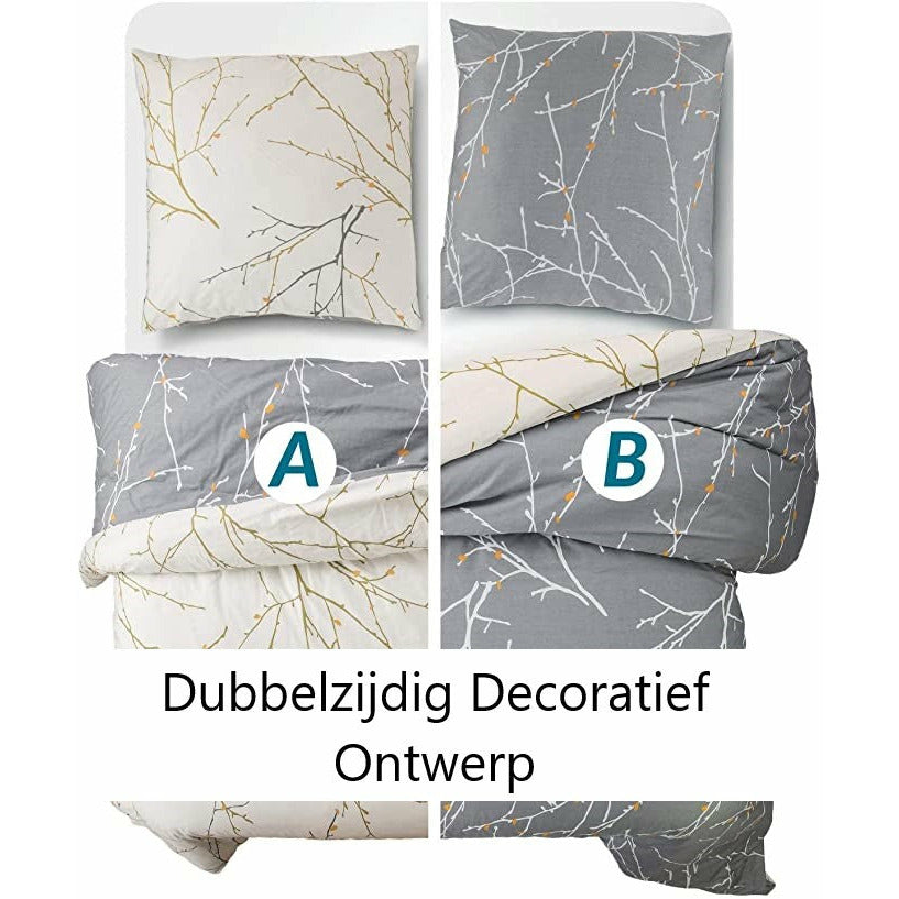 1 Persoons Dekbedovertrekset | Polyester Dekbedovertrek 135 x 200cm met Kussensloop 80x80cm | Grijze Takken