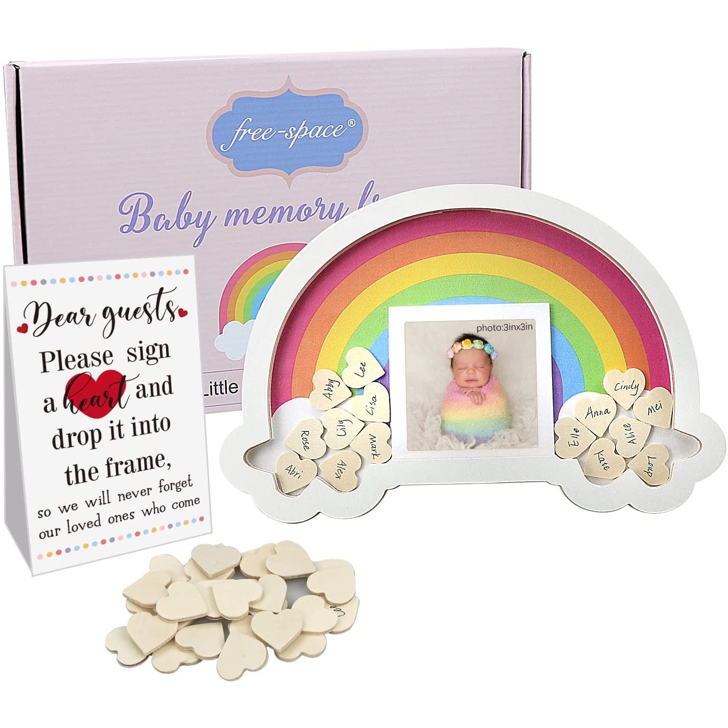 Regenboog Baby Frame Gastenboek - Met Schrijfbare Houten Hartjes- Houten Fotolijst - 30x20 cm - 30 Houten Hartjes - Babyshower & Verjaardagscadeau - Nieuwe Ouders - Eenvoudig in Gebruik - Duurzaam & Veilig
