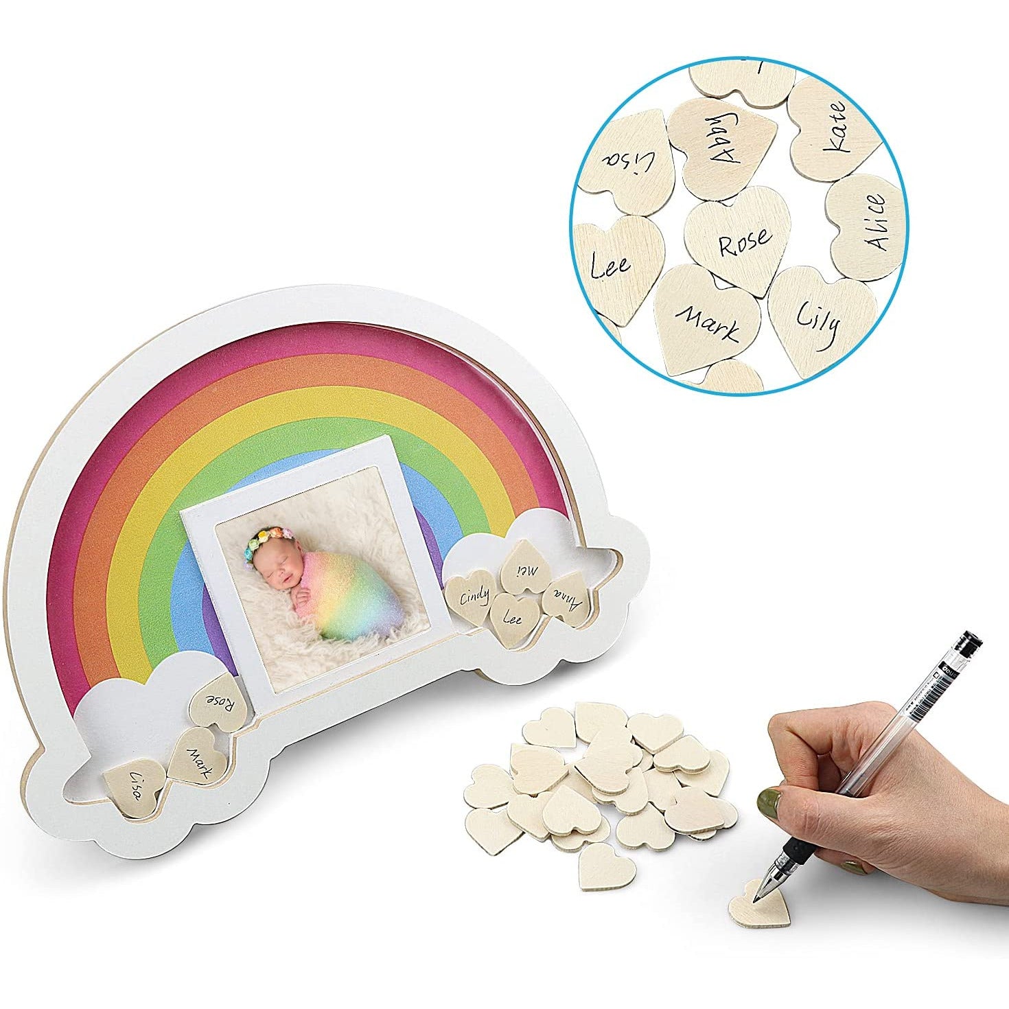 Regenboog Baby Frame Gastenboek - Met Schrijfbare Houten Hartjes- Houten Fotolijst - 30x20 cm - 30 Houten Hartjes - Babyshower & Verjaardagscadeau - Nieuwe Ouders - Eenvoudig in Gebruik - Duurzaam & Veilig
