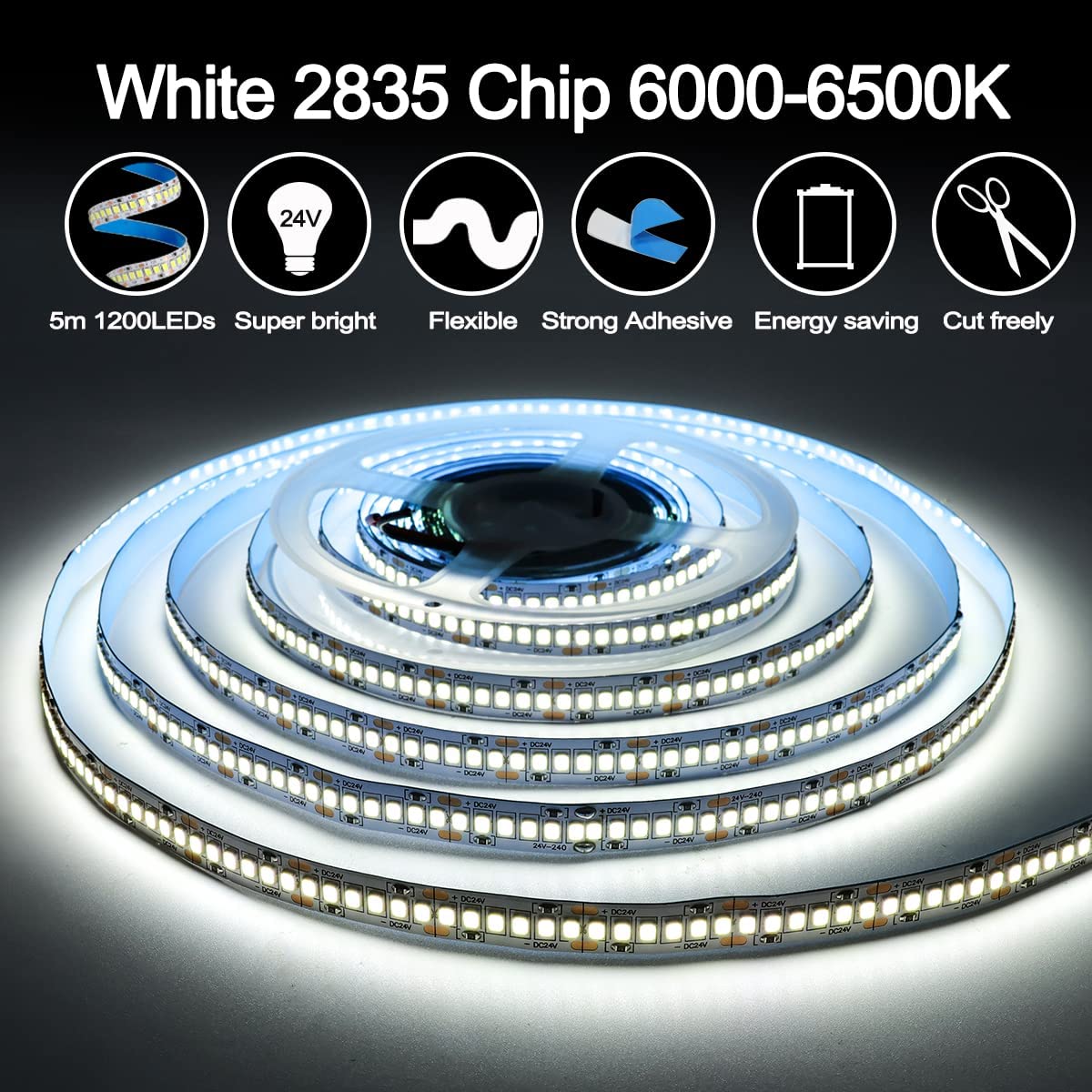 24V Super Heldere LED Stripverlichting - 5m - 1200 LEDs - 240 LEDs/m - Wit 6000K - SMD 2835 - 72W - IP20 Niet-Waterdicht - 10mm Breed - Eenvoudige Installatie - Energiezuinig en Veilig Gebruik