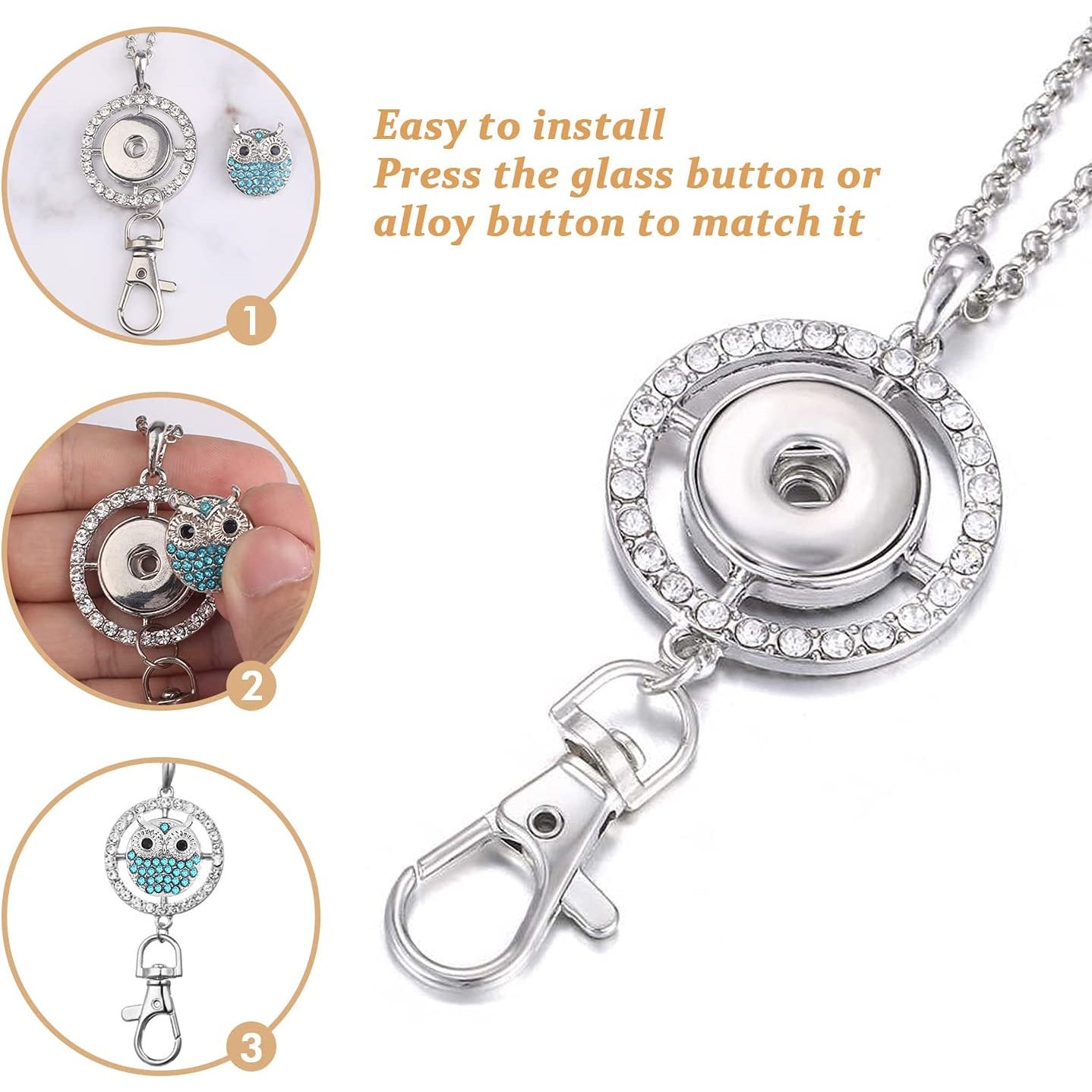 Sleutelhanger Ketting Met Verwisselbare Drukknopen - Lanyard Hanger - Sleutelhanger Ketting - Inclusief 6 Pendants - Dieren Hangers - Snap Ketting -  Vervangbare Charms Met Drukknopen