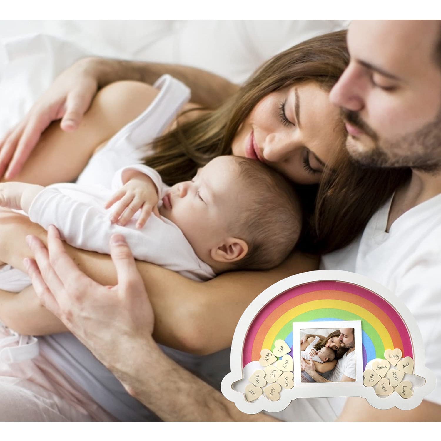 Regenboog Baby Frame Gastenboek - Met Schrijfbare Houten Hartjes- Houten Fotolijst - 30x20 cm - 30 Houten Hartjes - Babyshower & Verjaardagscadeau - Nieuwe Ouders - Eenvoudig in Gebruik - Duurzaam & Veilig