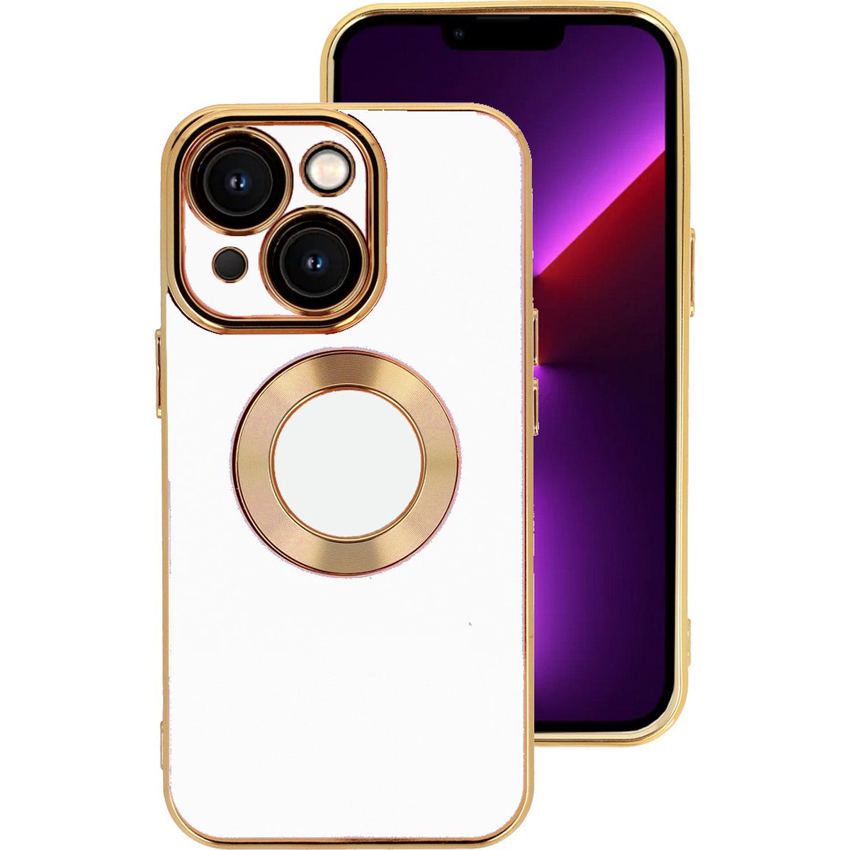 Back Cover Hoes - Geschikt Voor Apple iPhone 14 - Achterkant Hoesje met Zichtbaar Logo - Zachte Siliconen Hoes - Volledige Cameralens Bescherming - Telefoonhoesje - Flexibel - Unisex - Goudkleurig / Wit