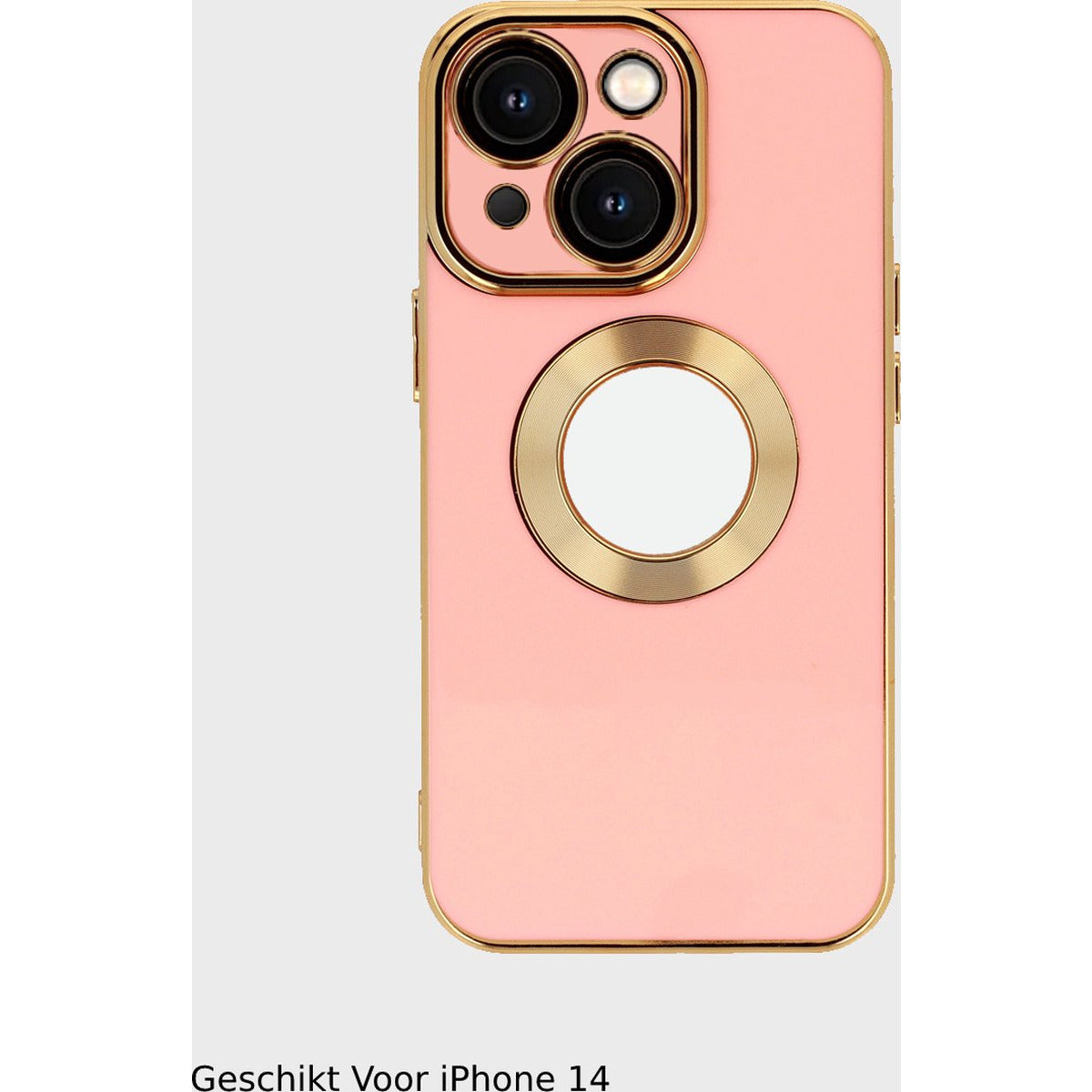 Back Cover Hoes - Geschikt Voor Apple iPhone 14 - Achterkant Hoesje met Zichtbaar Logo - Zachte Siliconen Hoes - Volledige Cameralens Bescherming - Telefoonhoesje - Flexibel - Unisex - Goudkleurig / Roze