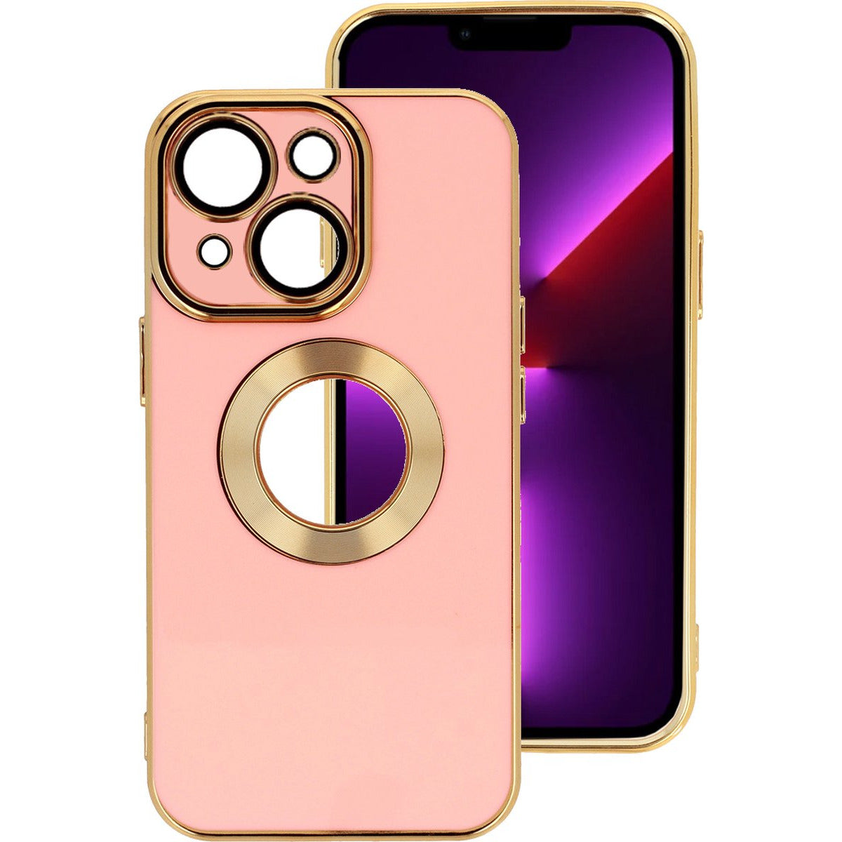 Back Cover Hoes - Geschikt Voor Apple iPhone 14 - Achterkant Hoesje met Zichtbaar Logo - Zachte Siliconen Hoes - Volledige Cameralens Bescherming - Telefoonhoesje - Flexibel - Unisex - Goudkleurig / Roze
