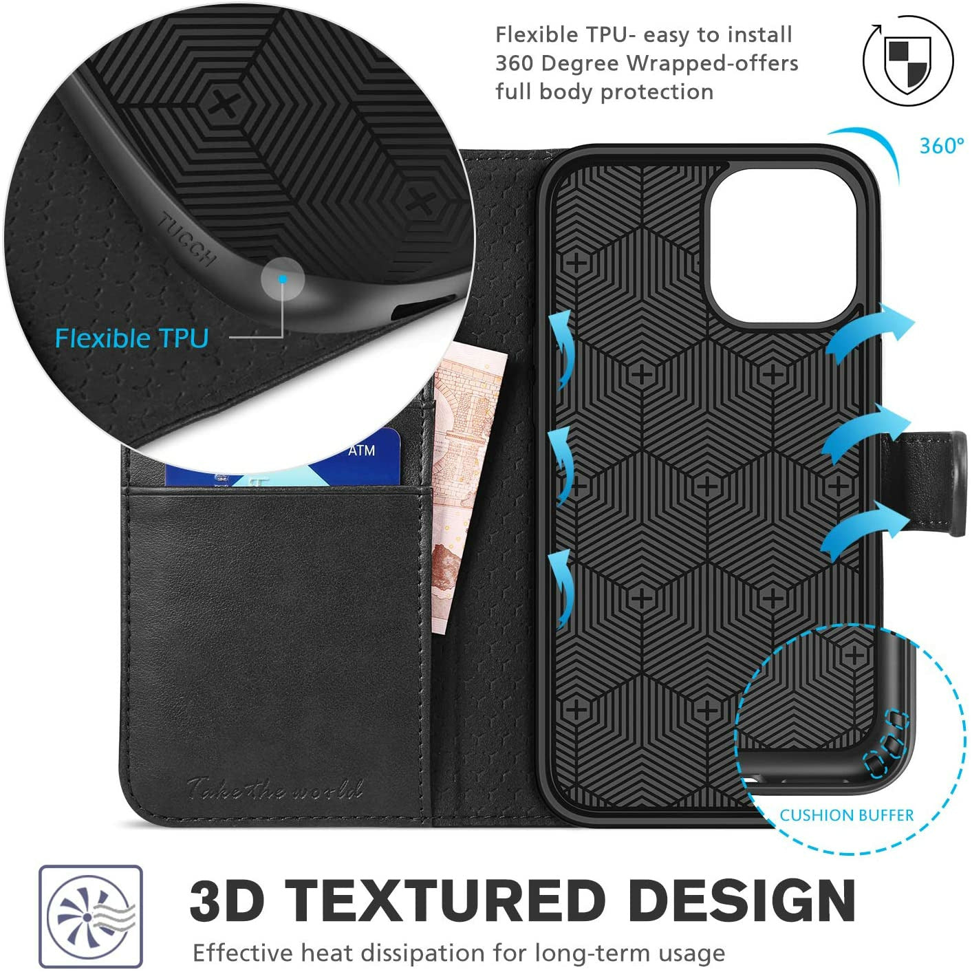 TUCCH - iPhone 12 Pro Max Hoesje 6.7 Inch – Leren Flip Cover Met Kaarthouders – Portemonnee Hoes Met Magneetsluiting & Standaardfunctie – RFID Blokkering – Schokbestendige Bookcase – Volledige Bescherming – Niet Compatibel Met Andere Modellen