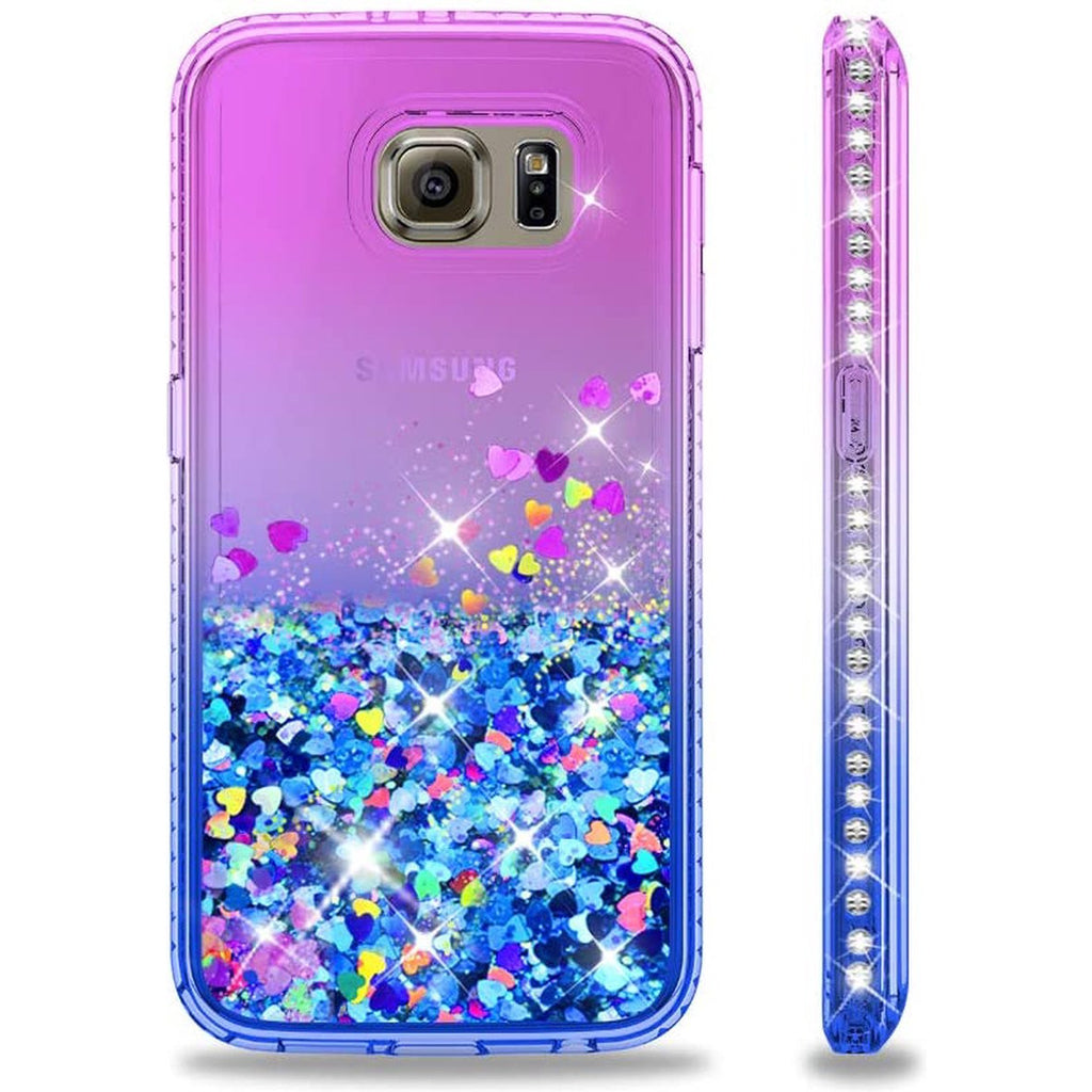 Bewegende - 3D Glitter Hoesje en Schermbeschermer Pakket - Geschikt Voor Galaxy S6 - Hoesje met Gehard Glas - Stuks Gehard Glas - Bewegende Vloeibare Siliconengel - Transparant - Schokbestendig - Cover - Paars