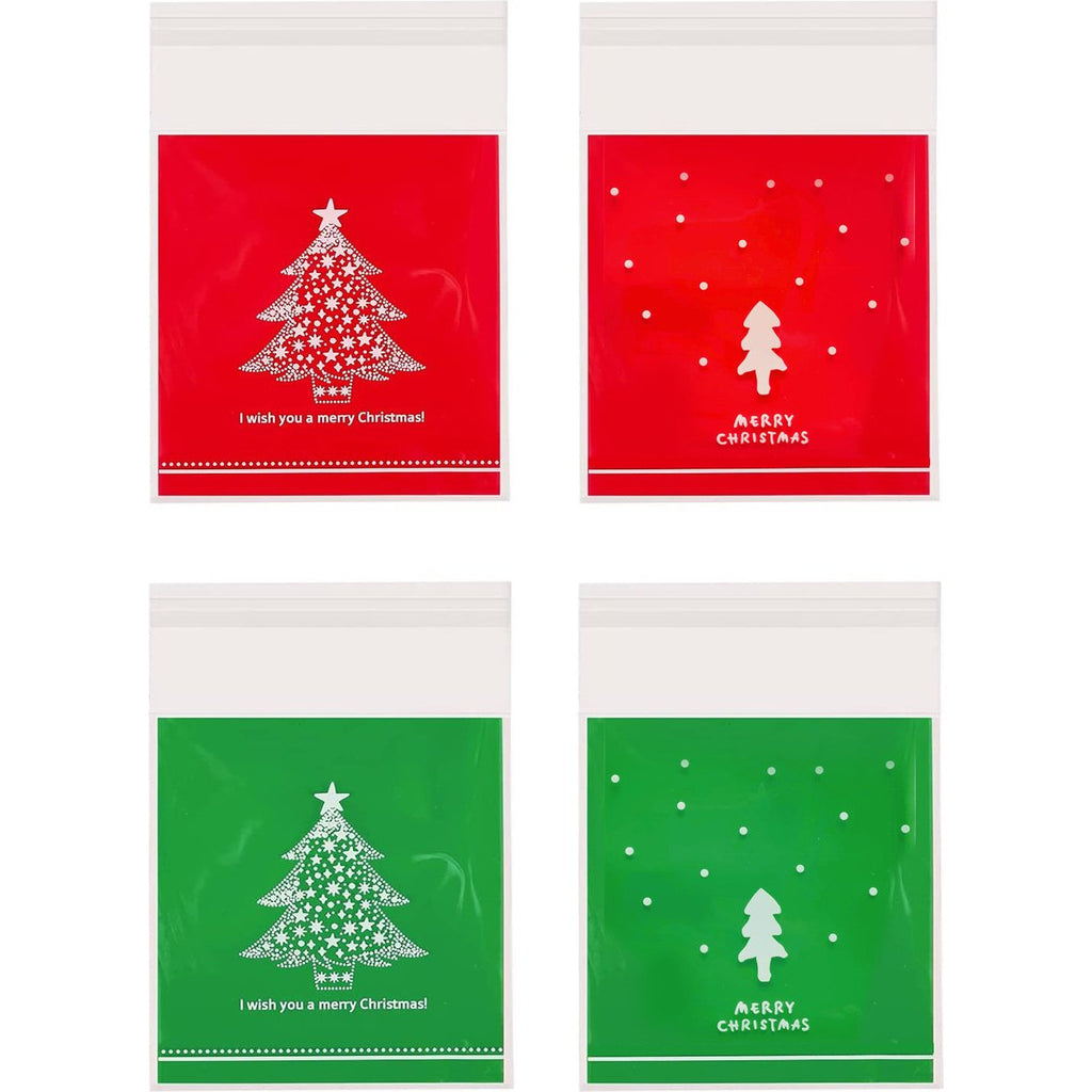 400 Stuks - Transparante Uitdeezakjes - Kerstboom Motief - 4 Ontwerpen - Cellofaan Zakken - Snoep Zakken - Hersluitbaar - Zelfklevende - Doorzichtig - Geschikt Voor Koekjes, Snoep, Chocolade - Transparant