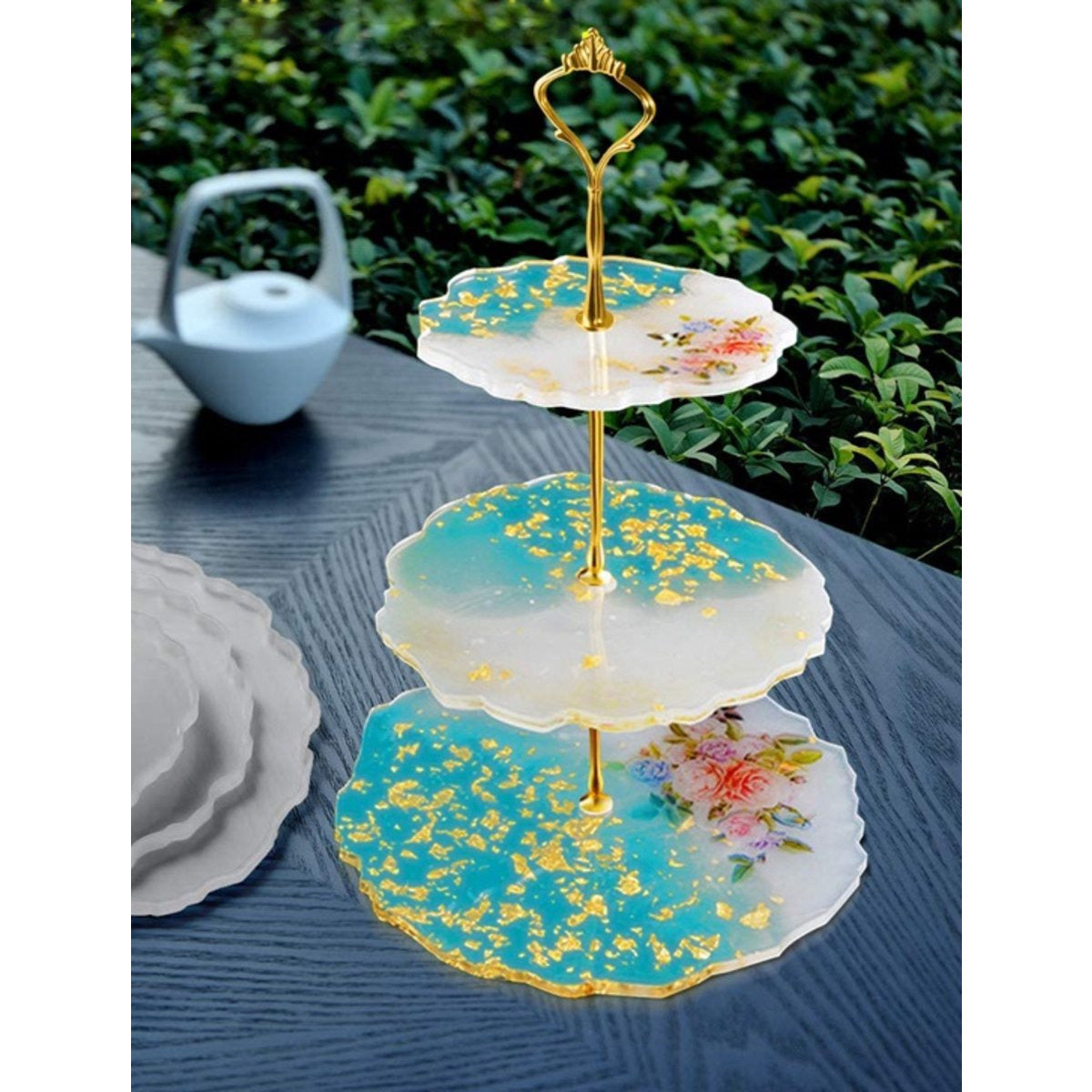 2 Stuks - Complete 3-Laags Taartstandaard Hars Mallen Set - Inclusief 3 Ronde Siliconen Mallen, Gouden en Zilveren Beugels, Gouden Folies, Vingerhoedjes en Roerstaafjes - Resin Etagère