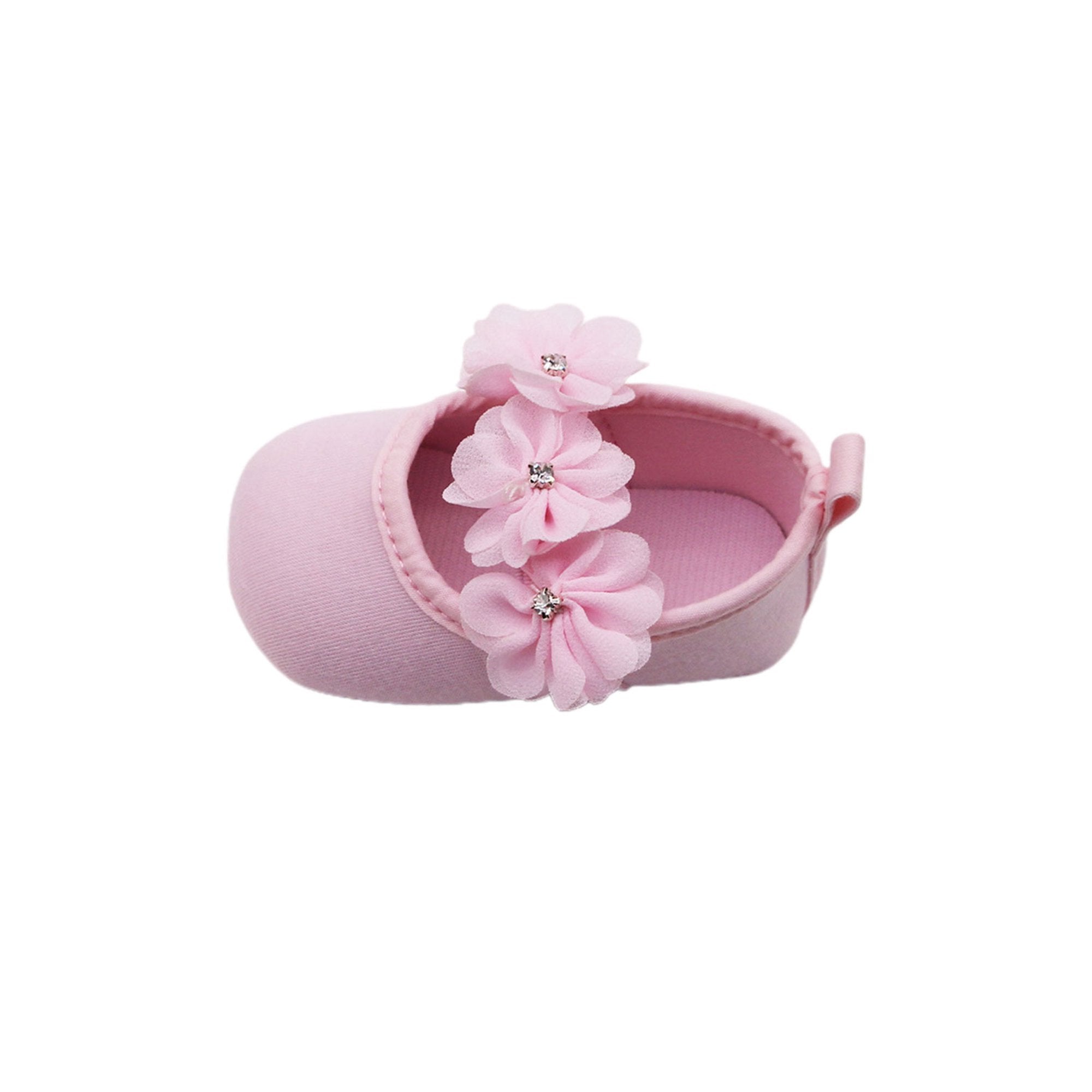 Katoenen Baby Schoenen - Maat 17 - Inclusief Hoofdband - Baby Slippers - Slofjes - Met anti- Slip Zool - Met Stoffen Bloemetjes - Ademend - Lichtgewicht - Roze