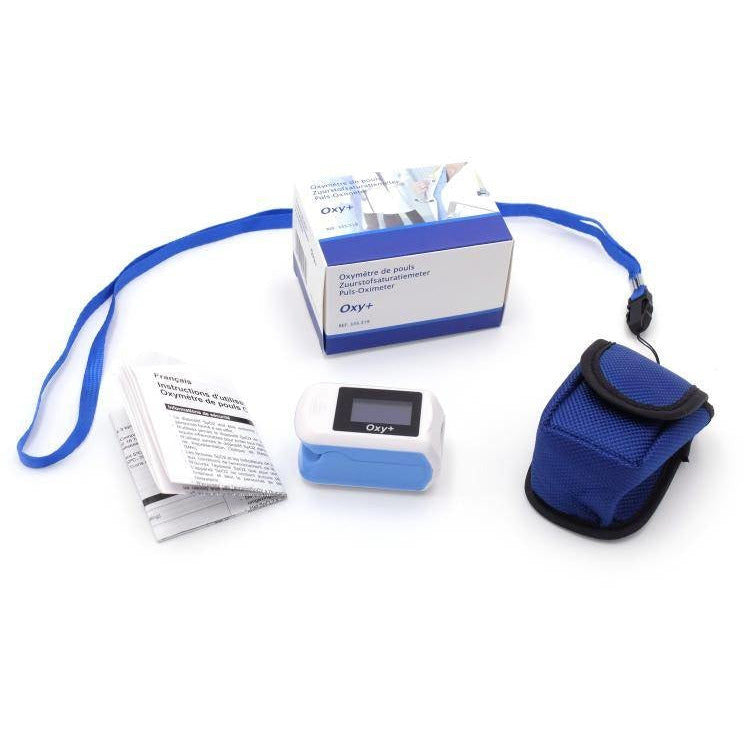 Oxy+ Digitale zuurstof saturatiemeter - met 2 kleuren OLED display - Anti-slip Siliconenclip - Saturatie Meter - Blauw / Wit