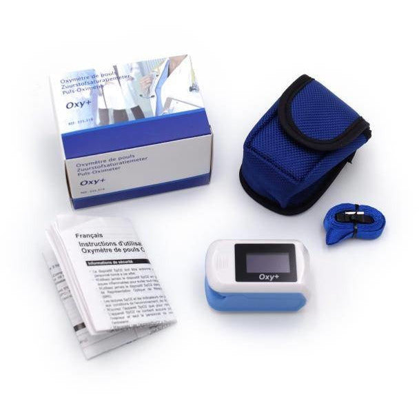 Oxy+ Digitale zuurstof saturatiemeter - met 2 kleuren OLED display - Anti-slip Siliconenclip - Saturatie Meter - Blauw / Wit